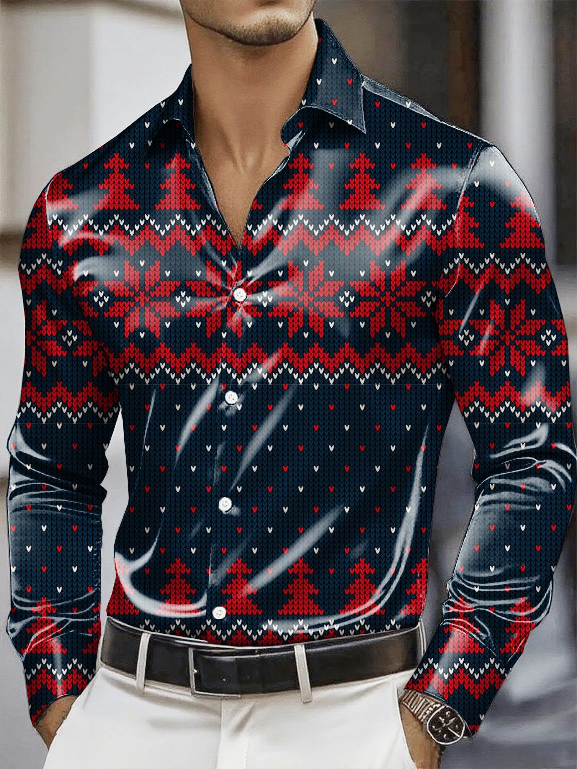 Camisa Christmas satén Luxe de manga larga con botones para hombre