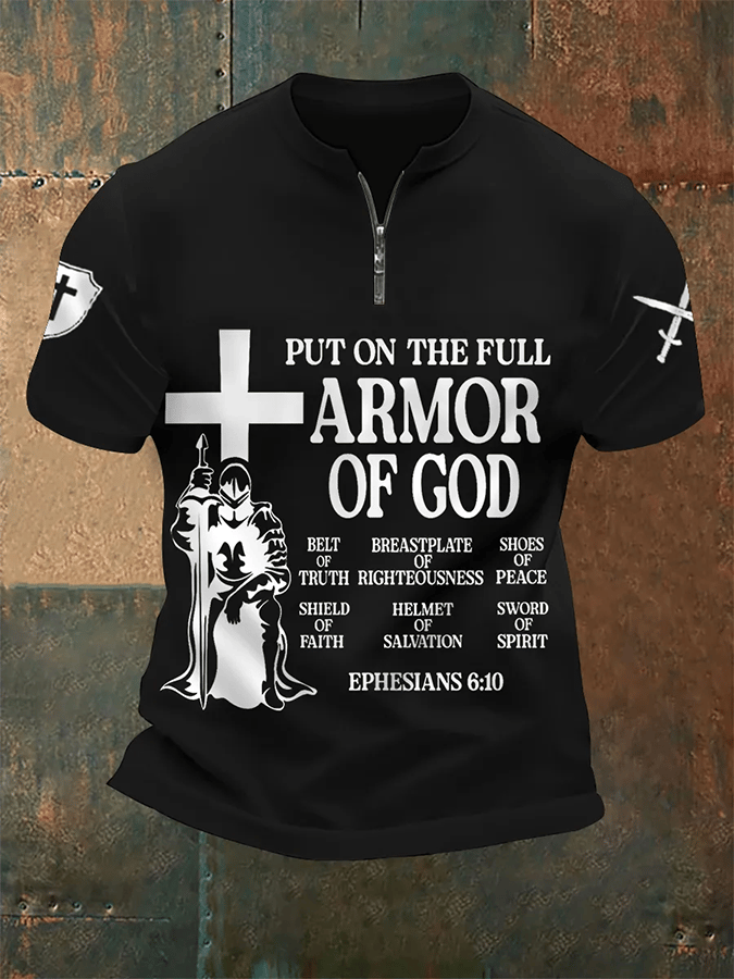 Put On The Full Armor Of God estampado casual Zip Tee para hombre
