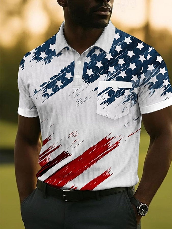 Camisa polo de moda Independence Day Flag estampado casual (With bolsillos) para hombre