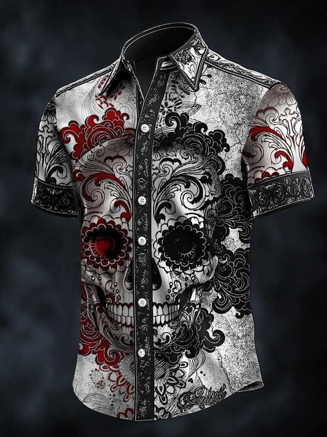 Camisa Dark Skull estampado satén de manga corta para hombre