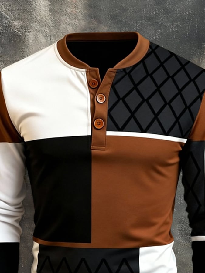 Camiseta retro Stitching Contrast Color Henley cuello de manga larga para hombre