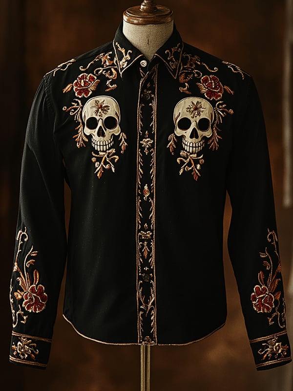 Camisa retro casual Skull estampado de manga larga para hombre