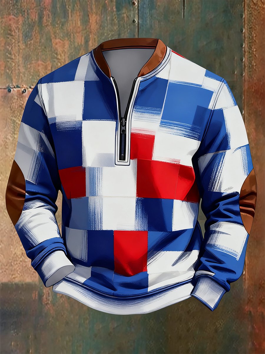 Sudadera retro geométrico estampado Quarter Zip para hombre
