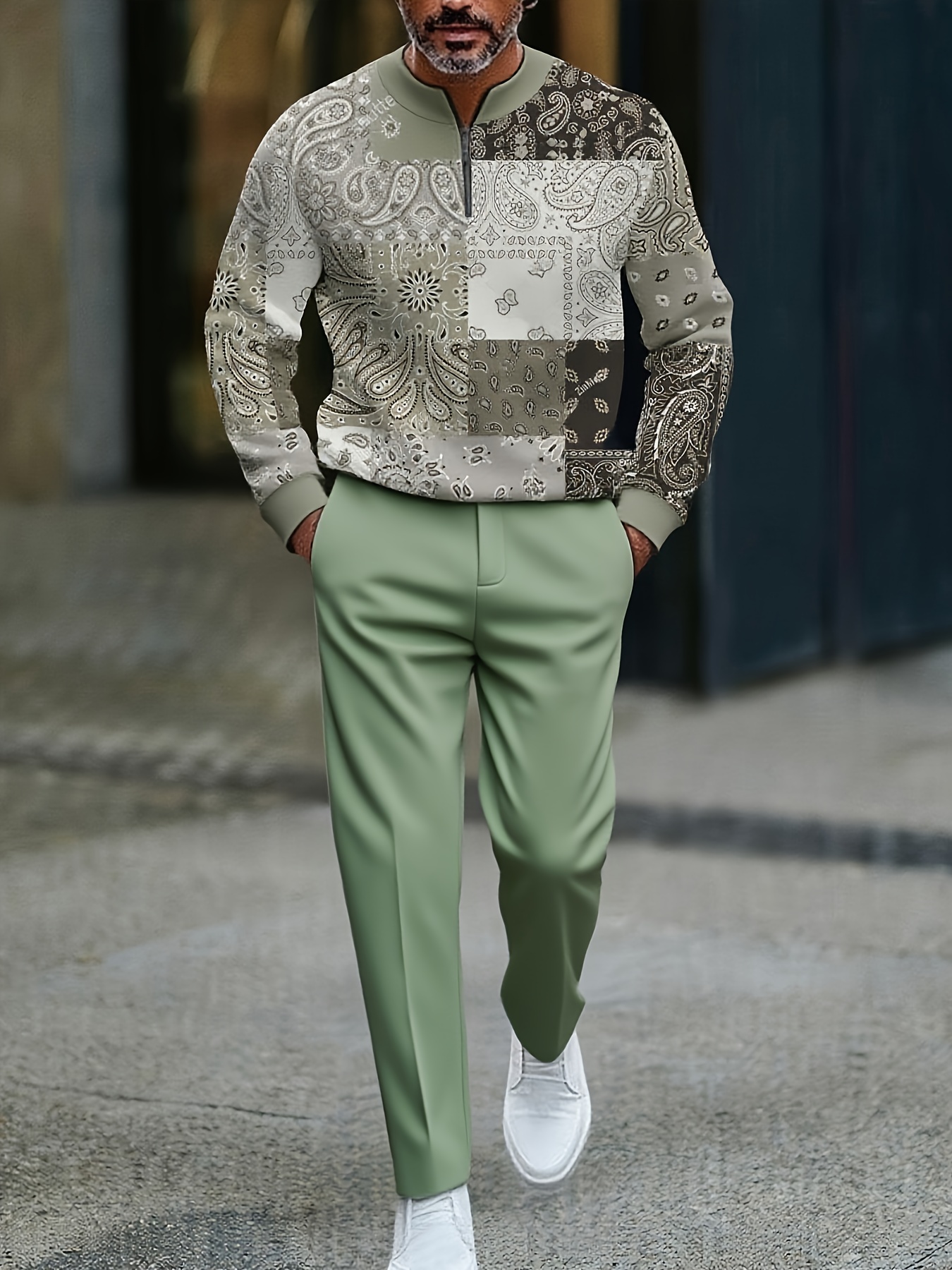 Conjunto de dos piezas casual Color Matching estampado Round-Neck Zipper de manga larga Trousers para hombre