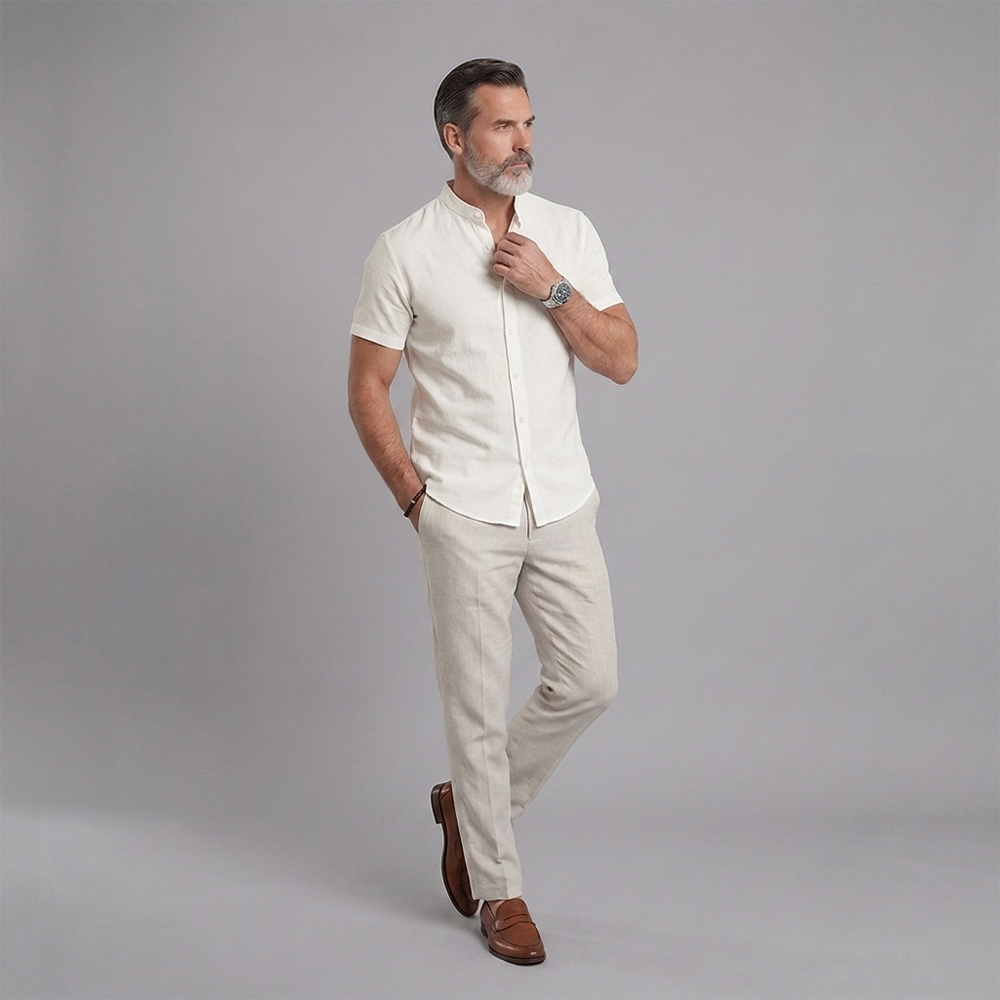 Camisa de manga corta with Stand-Up Collar: Lightweight, transpirable, and Textured para hombre