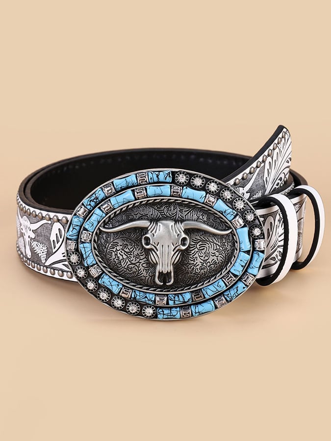 Cinturón retro Western Style Cow Head Beaded Embossed Decorative