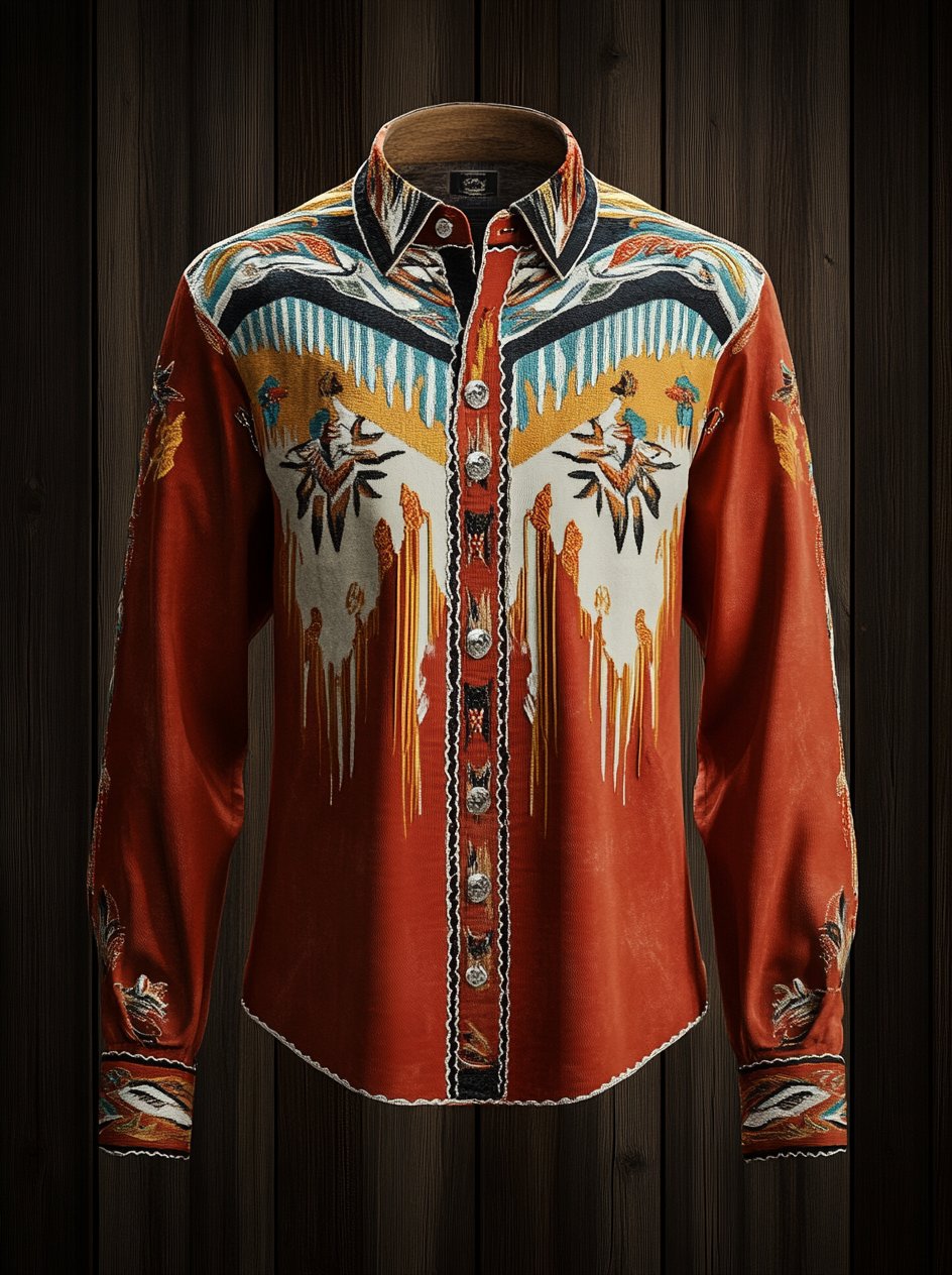 Camisa Western vintage Indian Totem estampado de manga larga para hombre