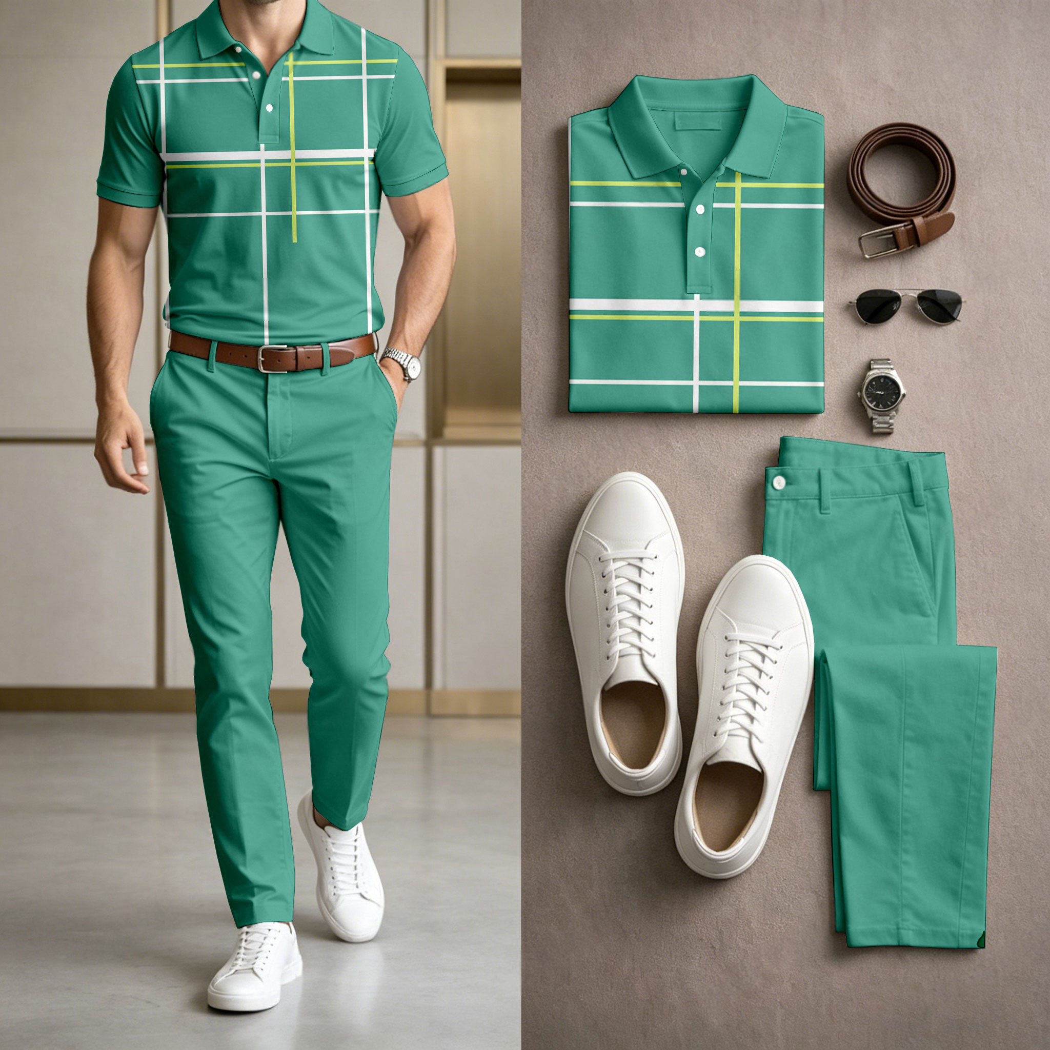 Conjunto de dos piezas casual Green a cuadros estampado camisa polo And pantalón para hombre