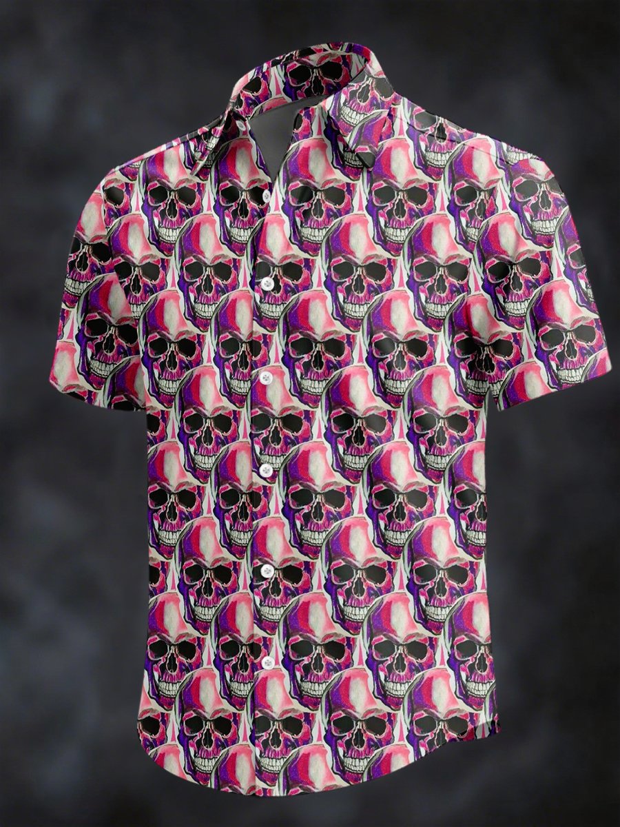 Camisa retro Horror Skull estampado solapa de manga corta para hombre
