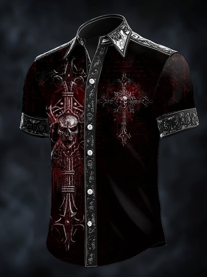 Camisa casual de moda Dark diseño Cross Skull Contrast satén para hombre