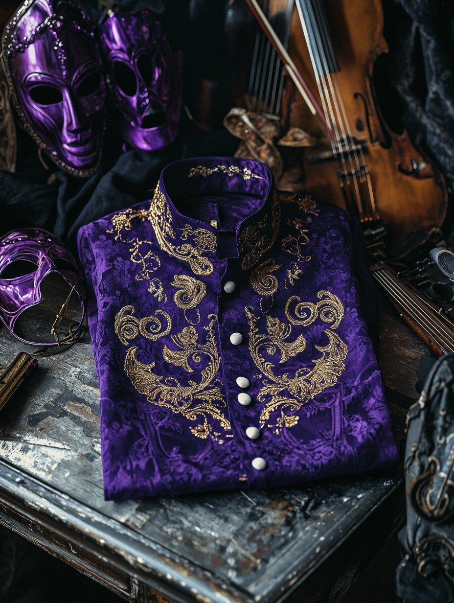 Camisa Purple Mardi Gras Theme de lujo de manga larga para hombre