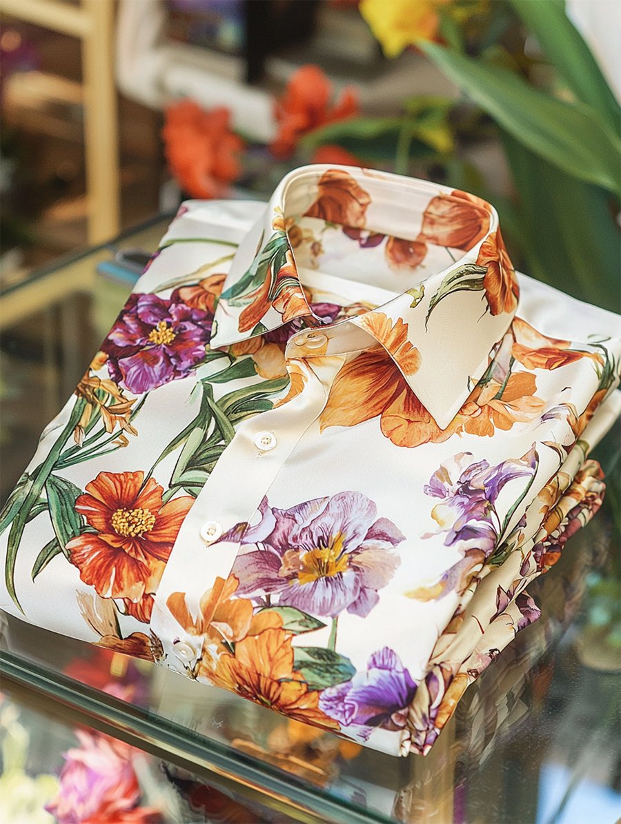 Camisa satén Luxe hawaiano estampado de manga corta Button para hombre