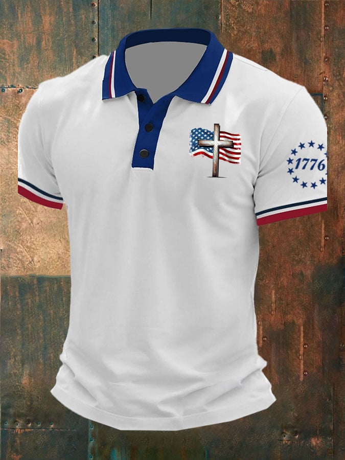 Camisa polo Independence Day retro Flag Cross para hombre