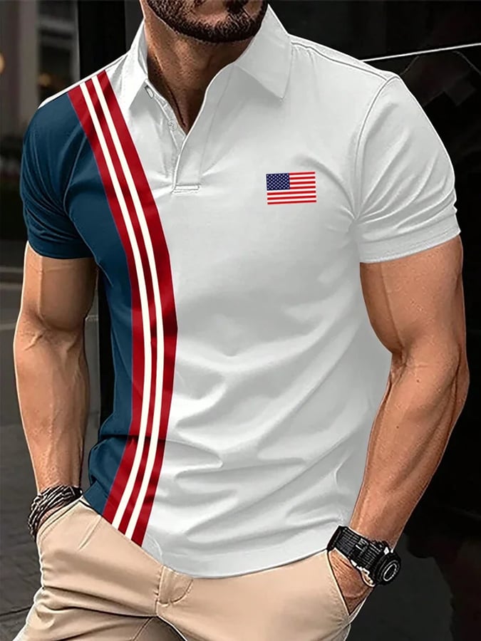 Camisa polo retro Flag rayas estampado para hombre