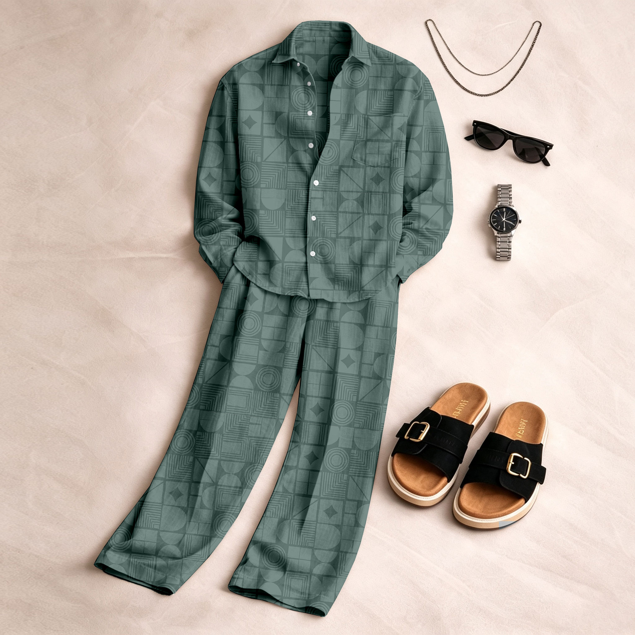 para hombre de manga larga camisa and pantalón Set with Geometric Patterns