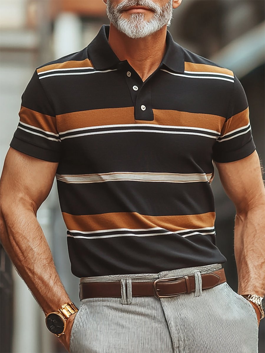 Camisa polo ejecutivo rayas con botones de manga corta para hombre