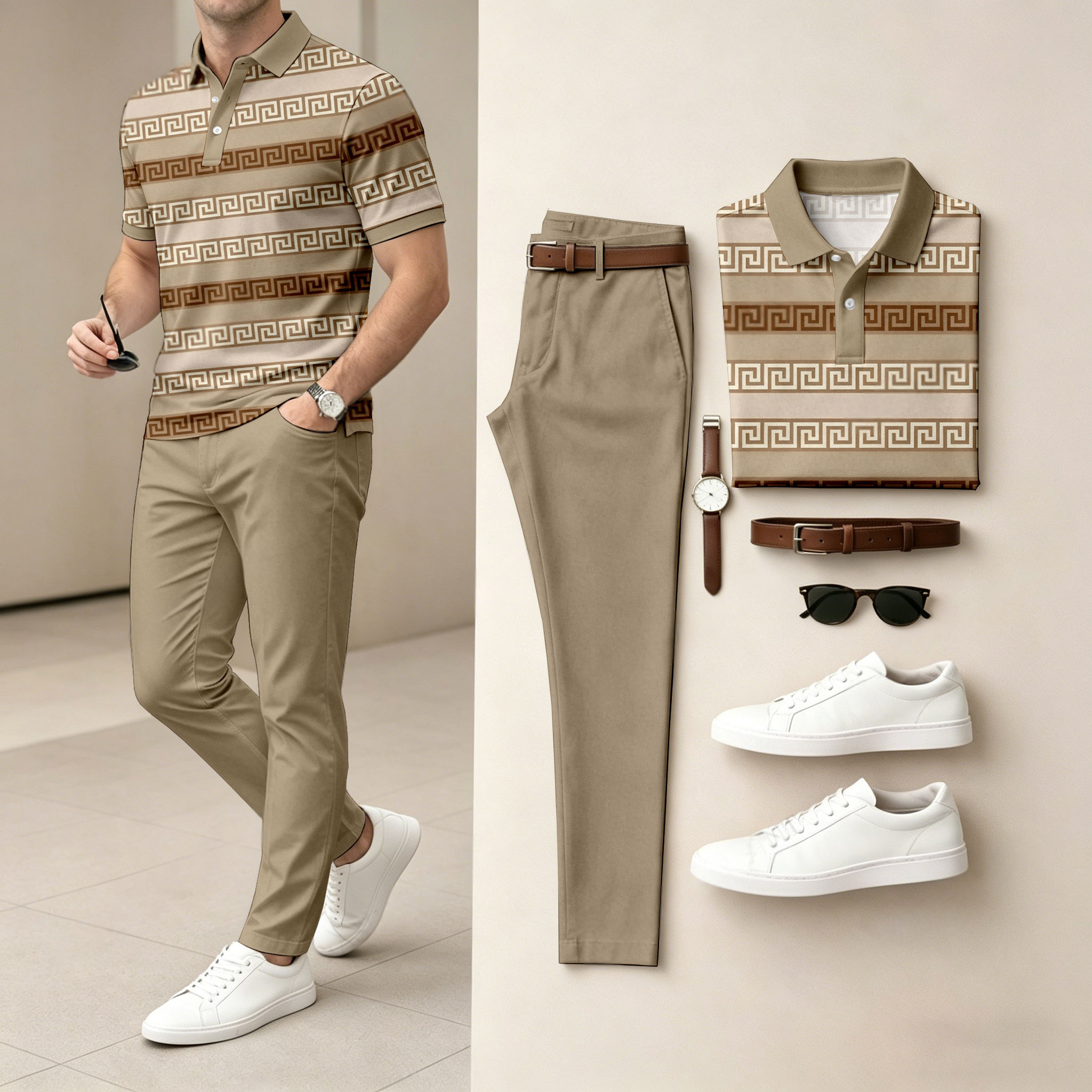 Conjunto de dos piezas casual estampado camisa polo And pantalón para hombre