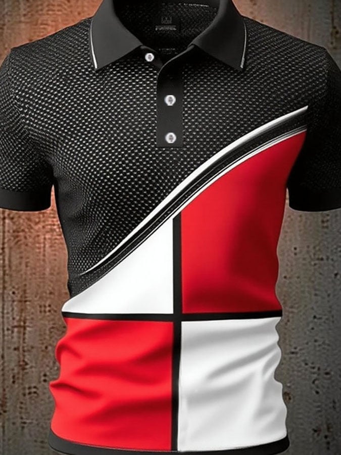 Camisa polo casual clásico Contrast Color estampado ejecutivo de manga corta para hombre
