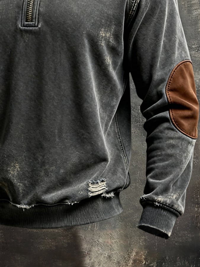 Sudadera vintage Pure de algodón Washed And desgastado Patchpara trabajo Color-Block de manga larga para hombre