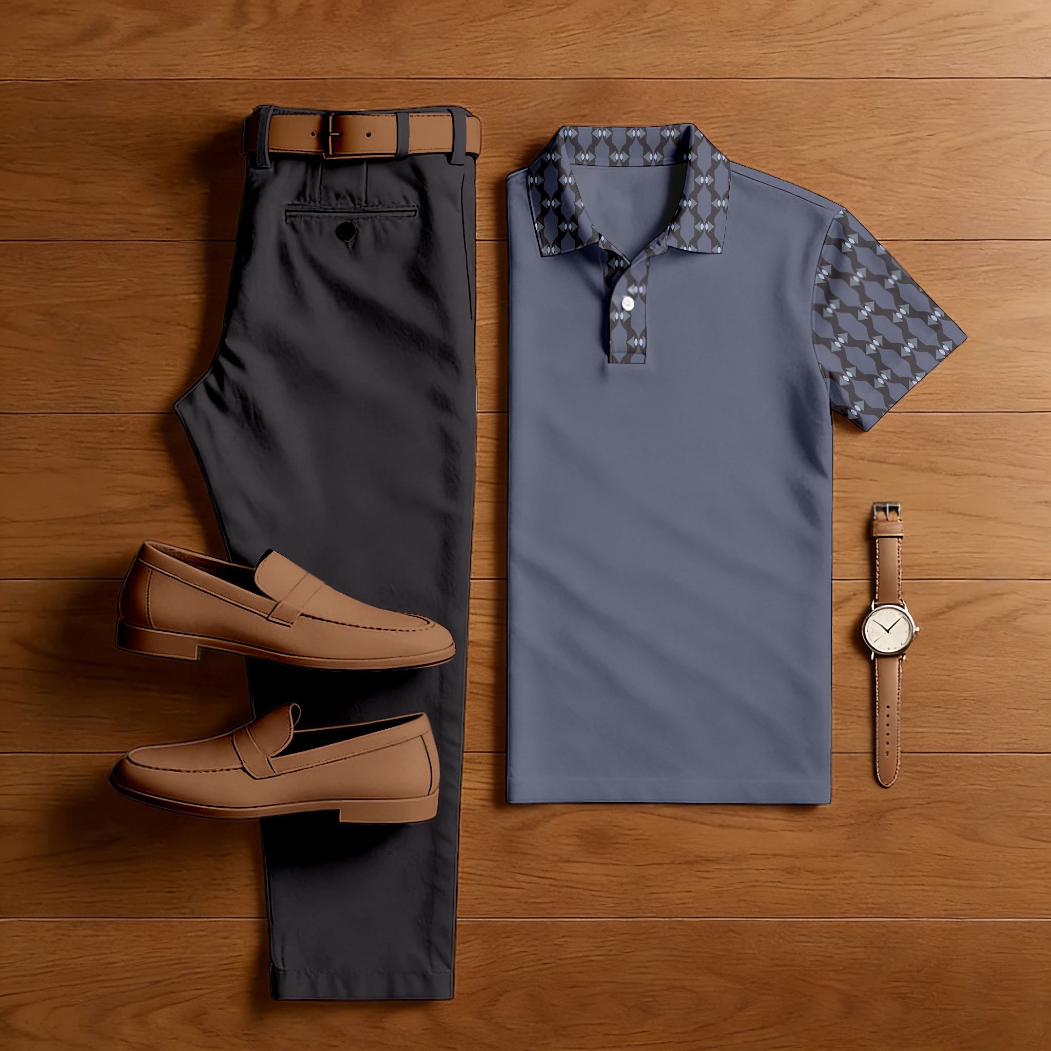 Conjunto de dos piezas casual Black & Purple Gray Color Matching Checkered estampado de manga corta camisa polo & Trousers para hombre