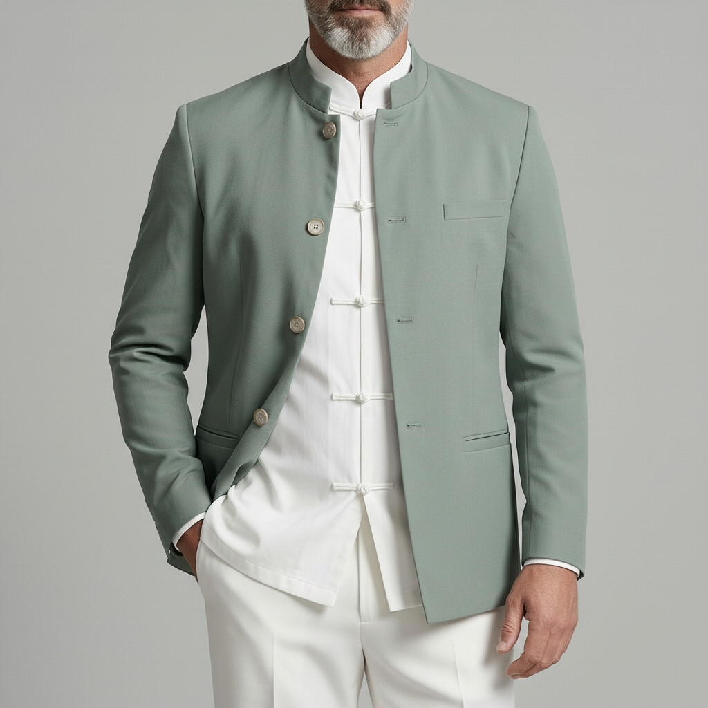 Chaqueta Mandarin Collar Welt Pockets Single Breasted de color sólido para hombre