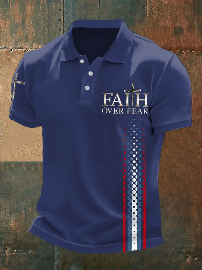 Camisa polo retro Faith “Faith Over Fear�? casual estampado para hombre