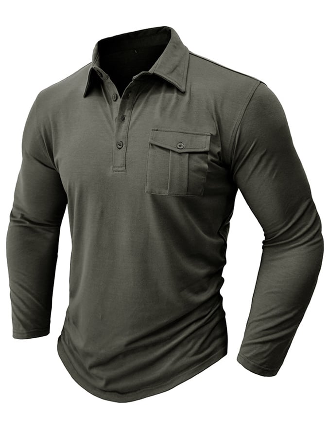 Camisa polo de color sólido de manga larga bolsillo para hombre