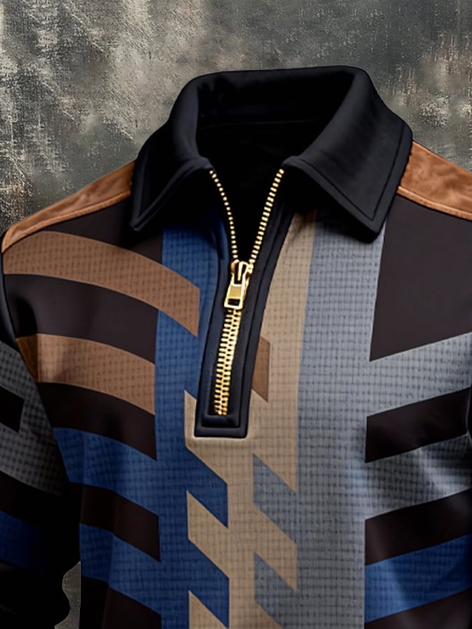 Sudadera retro en bloques de color estampado cierre para hombre
