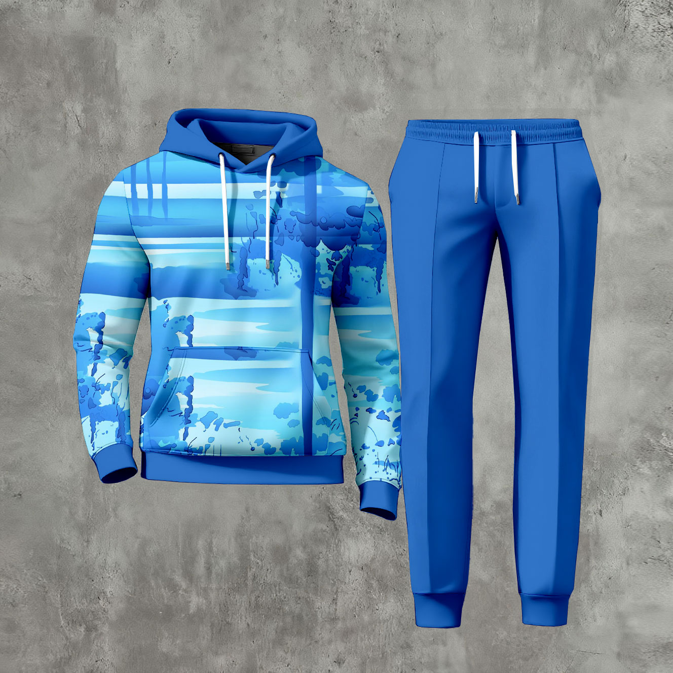 Conjunto de dos piezas casual Blue Ink Painting de manga larga sudadera con capuchas sudadera & Trousers para hombre