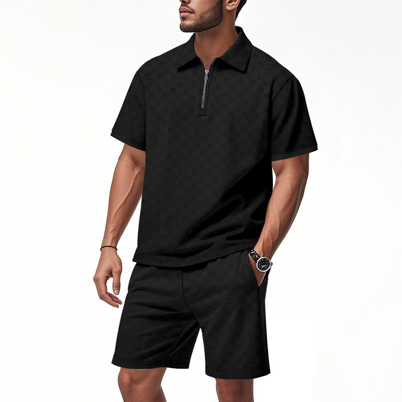 Conjunto de dos piezas Checkerboard Jacquard camisa polo and shorts Set, casual Half Zip de manga corta Collared Summer Outfit, Lightweight transpirable holgado Fit , Comfortable elegante Streetwear for para uso diario Wear Travel Vacation Resort Lounge para hombre
