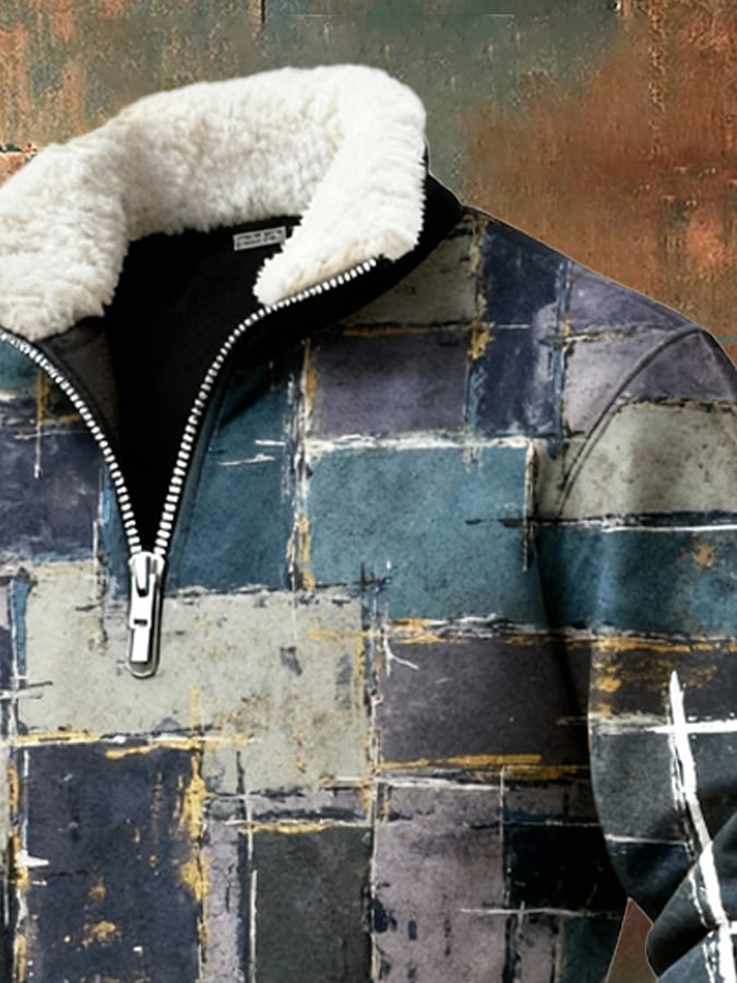 Sudadera retro en bloques de color estampado casual Fur cuello para hombre