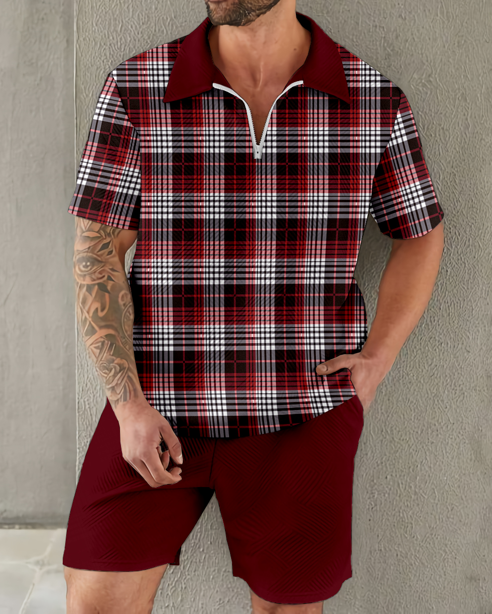 Suitmens retro clásico Red And Black a cuadros Zipper Polo Set