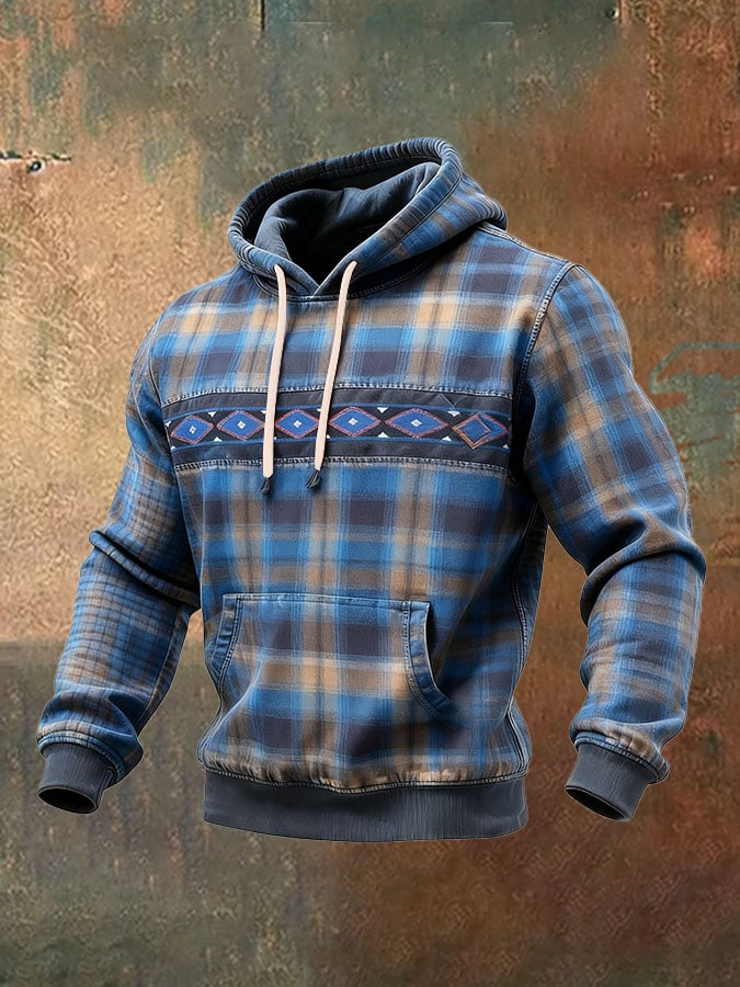 Sudadera casual retro a cuadros estampado de manga larga Hooded para hombre