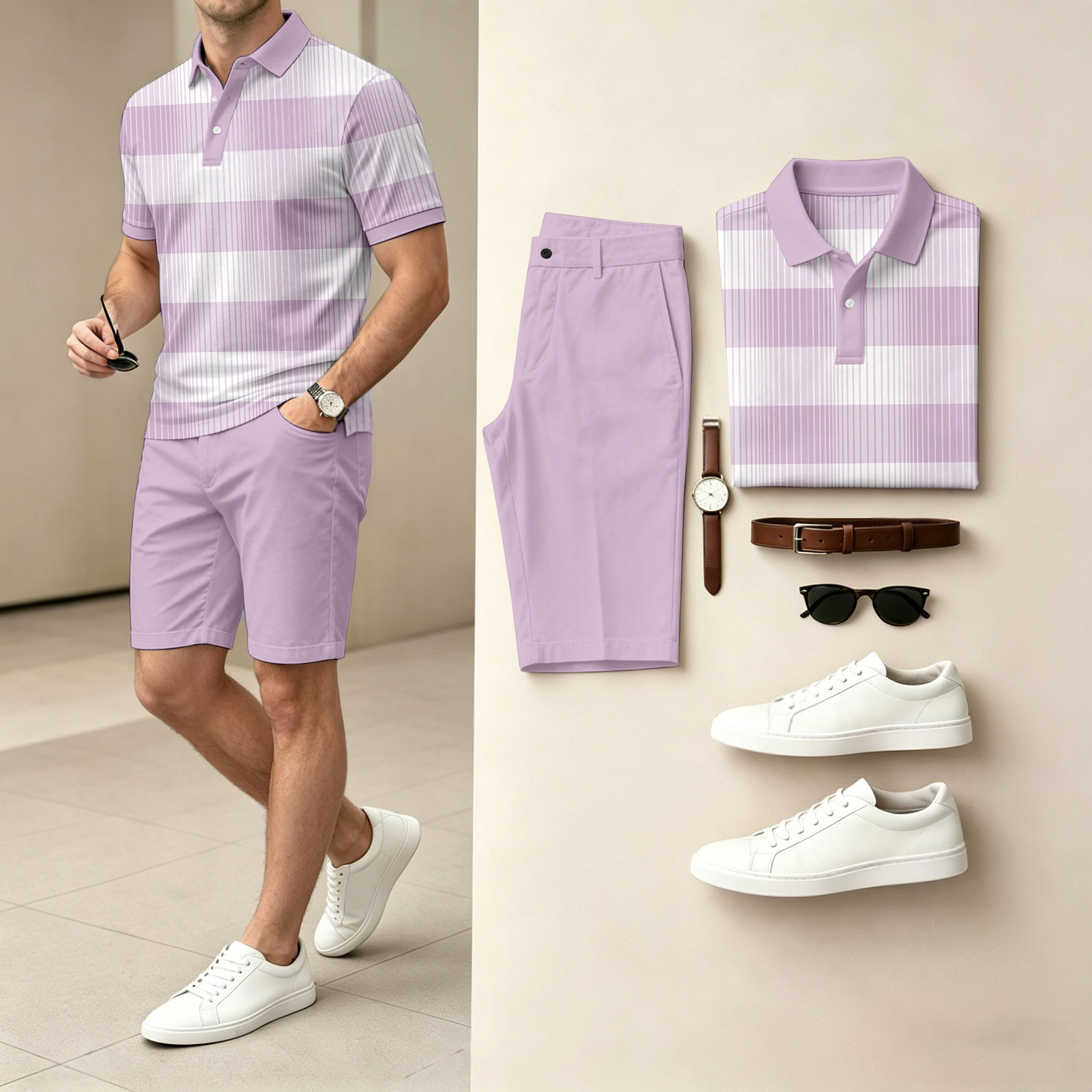 Conjunto de dos piezas casual Horizontal a rayas Color-Block estampado camisa polo And shorts (Watch, Belt, And Accessories Not Included) para hombre