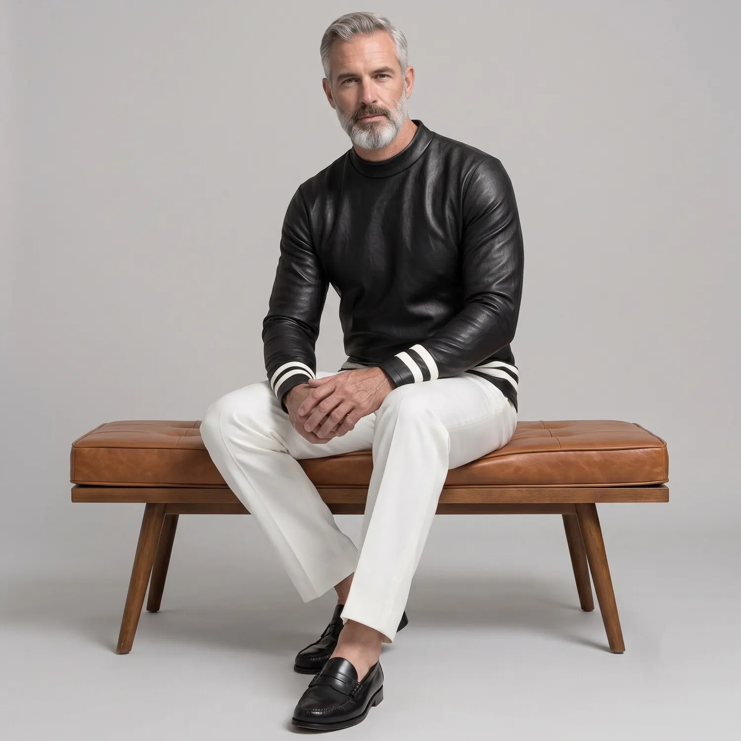 para hombre Black PU Leather Mock Neck Contrast a rayas Hem de manga larga camiseta