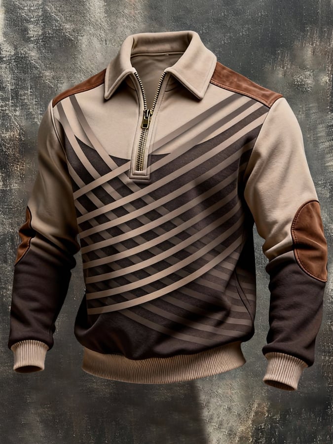 para hombre retro en bloques de color Print Color-Blocked con cierre Sweacamiseta