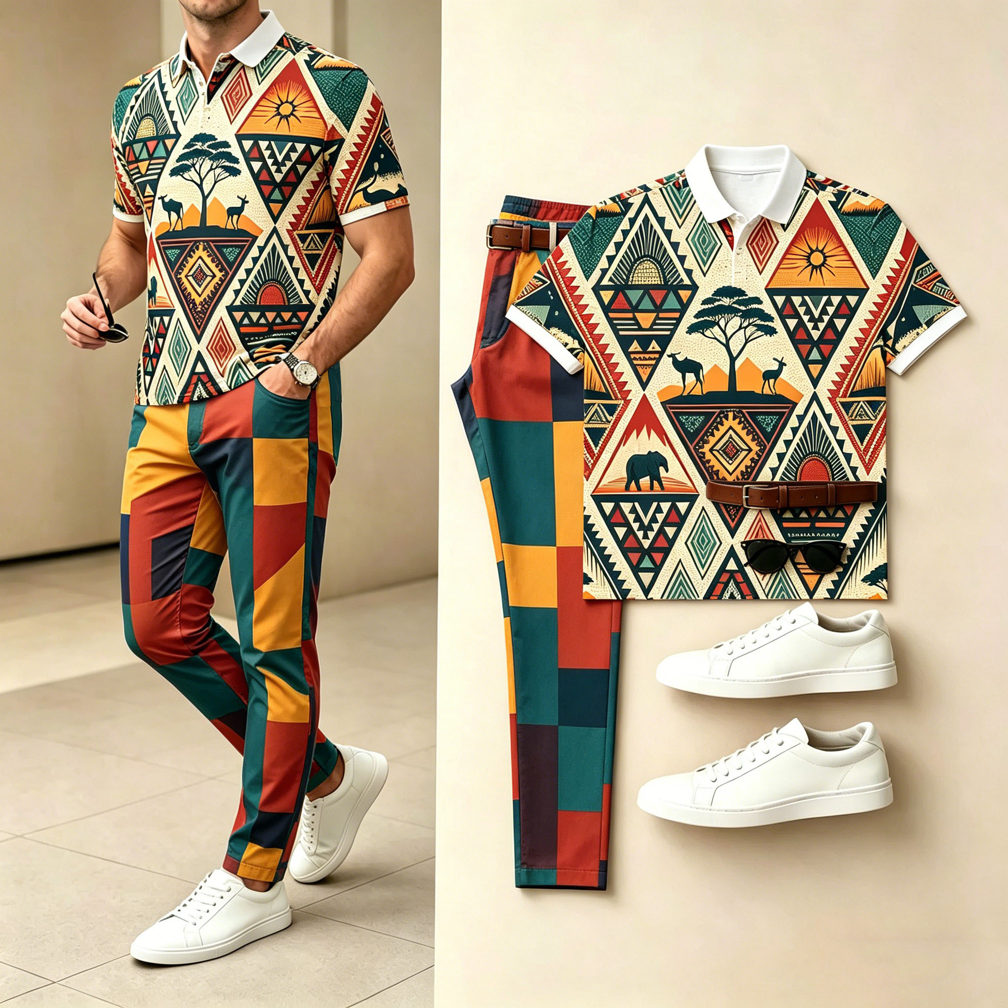 Conjunto de dos piezas casual estampado camisa polo And pantalón para hombre