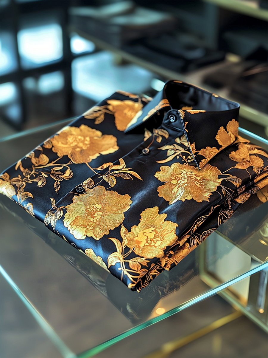 Camisa satén Luxe hawaiano estampado de manga corta Button para hombre