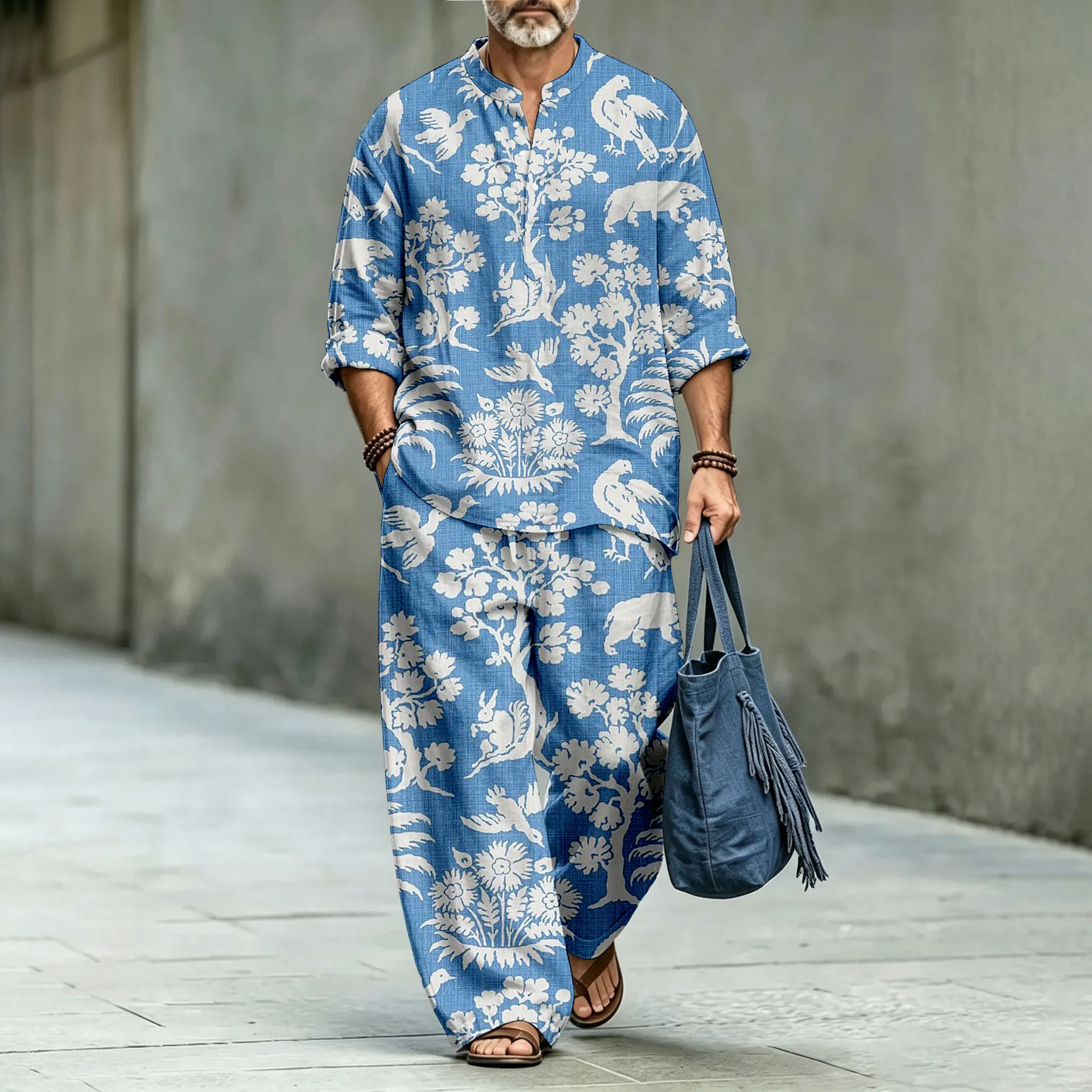 para hombre Tree-Print Stand-Collar camisa polo and Long pantalón Two-Piece Suit Set