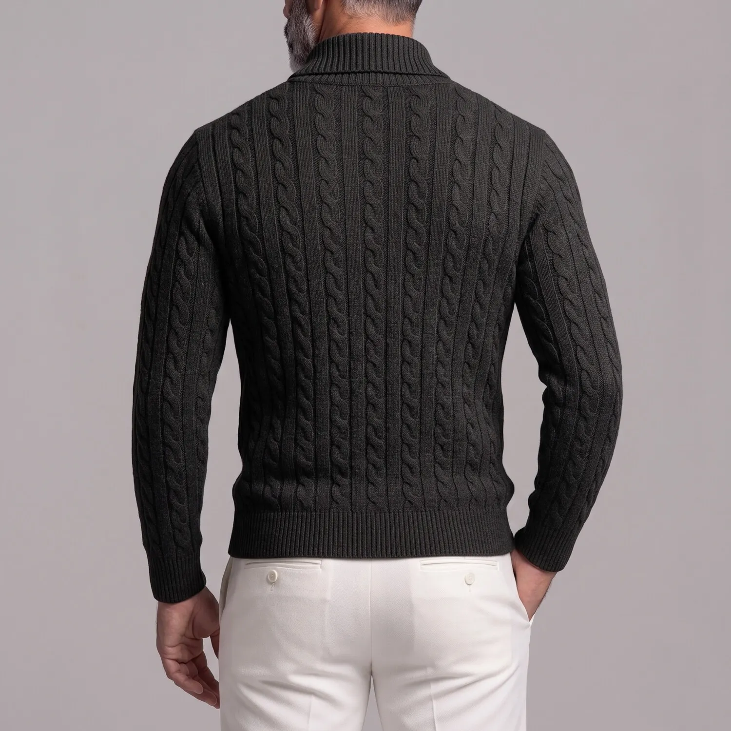 para hombre de color sólido Cable tejido Shawl Collar de corte entallado Pullover Sweater