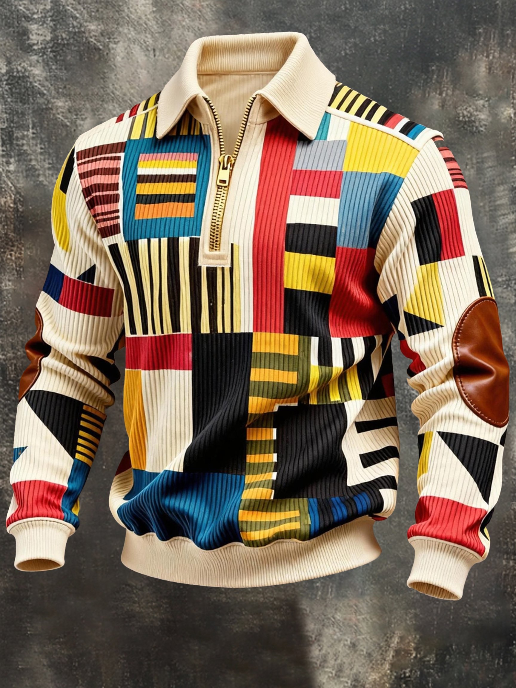 Sudadera vintage Color-Block estampado con cierre con gorrasucha para hombre