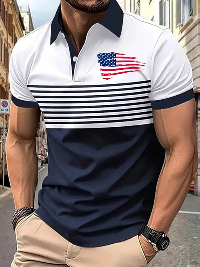 Camisa polo retro Flag rayas estampado para hombre