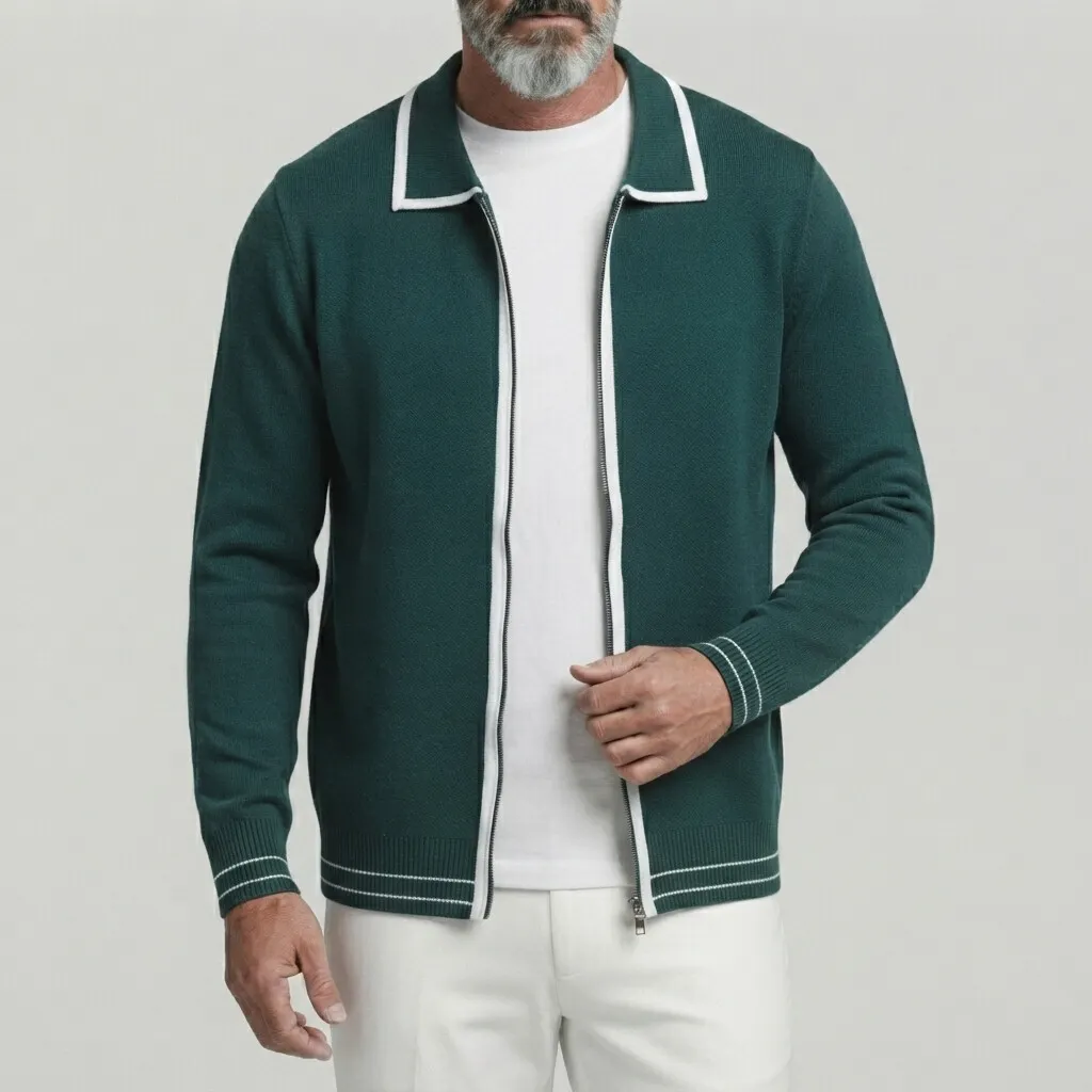 para hombre de color sólido Contrast Binding Turndown Collar Zipper tejidoted Cardigan