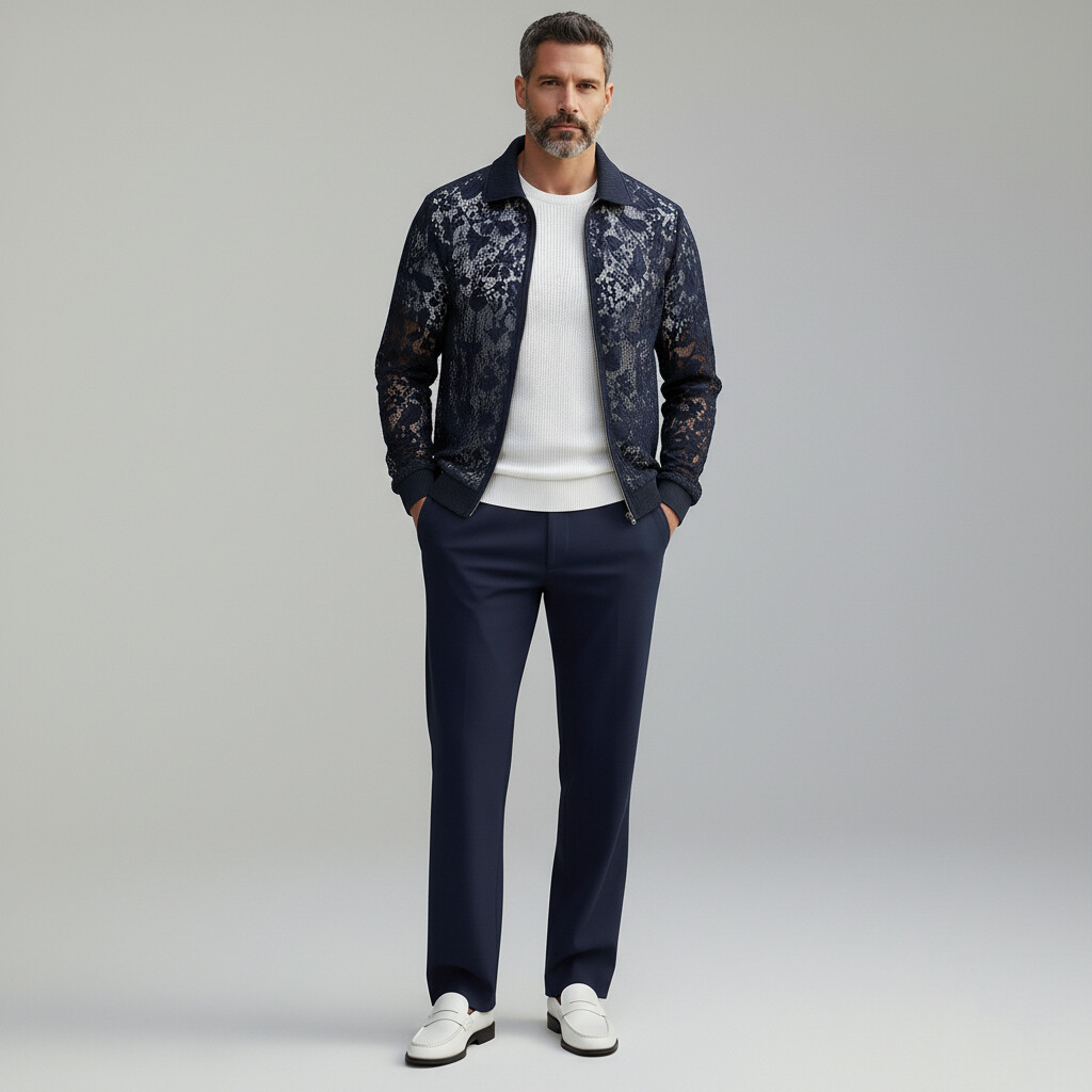 Chaqueta elegante Midnight Blue Guipure Lace Ribbed Cuffs Turndown Collar Zipper para hombre