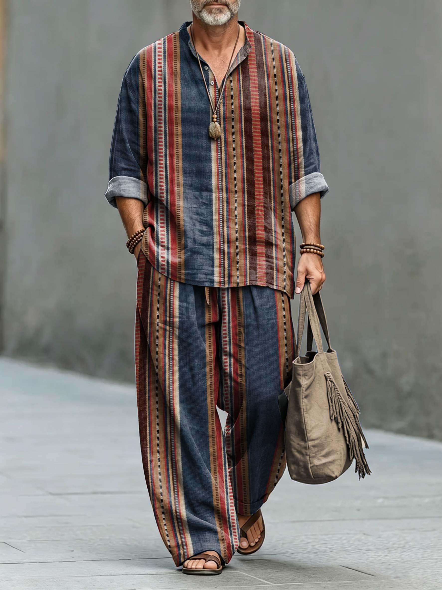 para hombre vintage Ethnic Stripes Print de algodón camisa Set