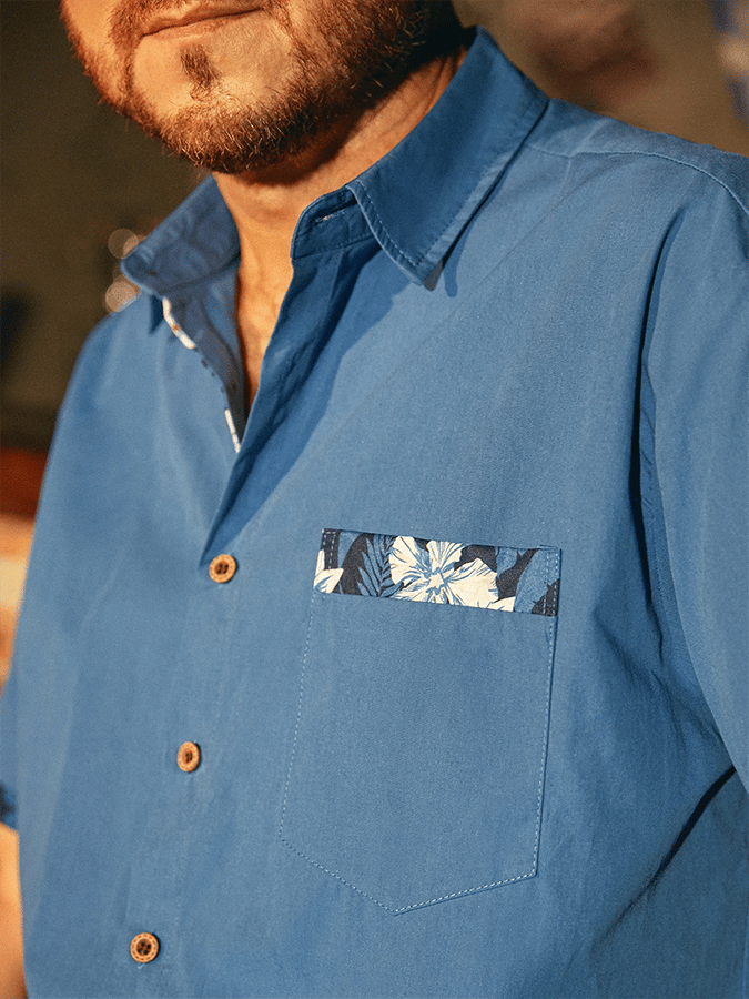 Camisa hawaiano Contrast Patchpara trabajo Design estampado With bolsillos de manga corta para hombre