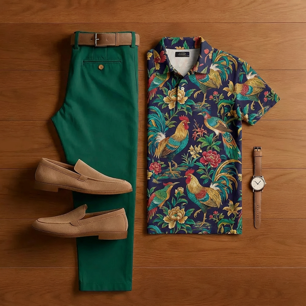 Conjunto de dos piezas de moda Dark Blue Animal estampado de manga corta camisa And Trousers para hombre