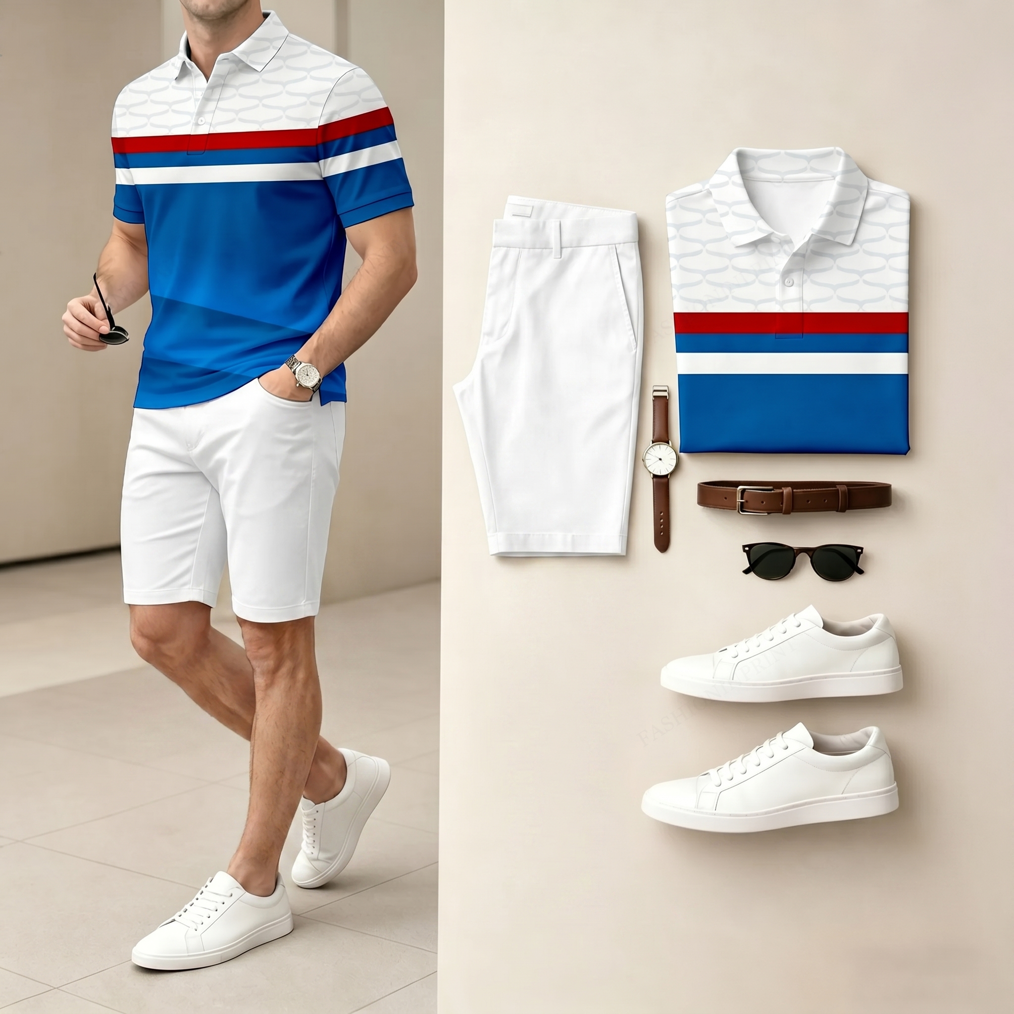 Conjunto de dos piezas casual Blue And White Color Spliced rayas camisa polo & shorts para hombre