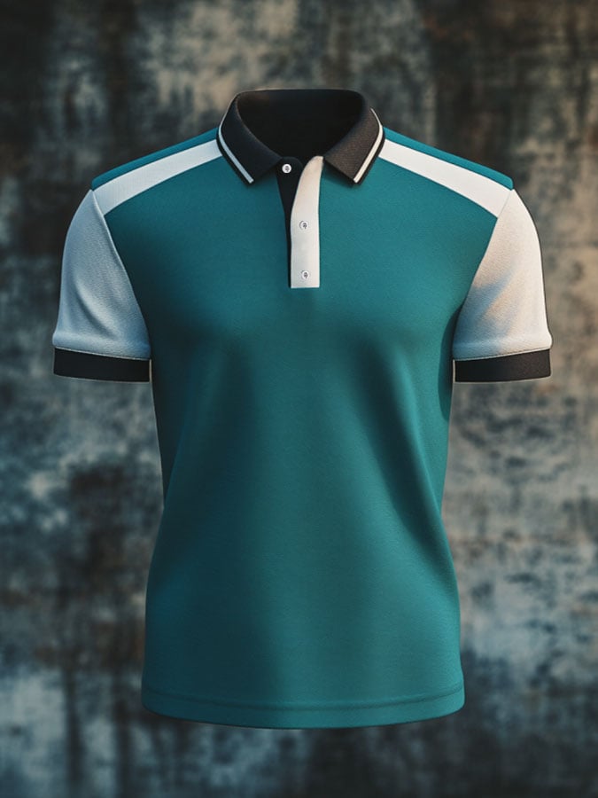 Camisa polo casual clásico Contrast Color estampado ejecutivo de manga corta para hombre