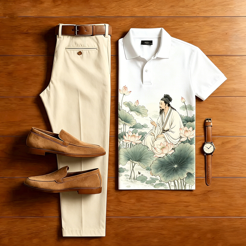Conjunto de dos piezas casual White Lotus estampado de manga corta camisa polo And Trousers para hombre